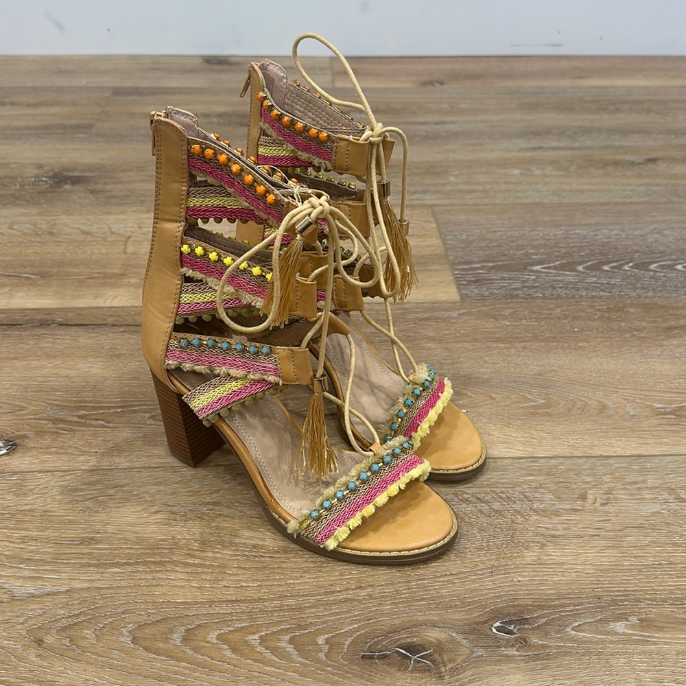 Vigo Fiore Lace Up Bright Colors Boho Pom Pom Sandal Heel - Size 9